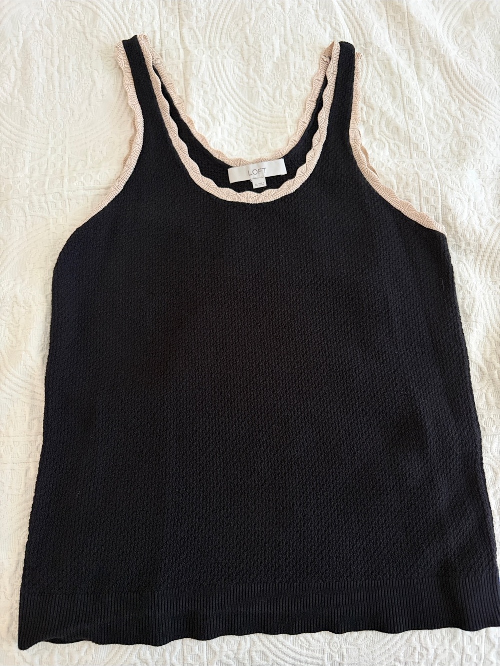 LOFT black Knit Tank with cream Trim Detail